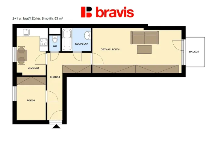 Pronájem bytu 2+1, Brno - Komárov, bratří Žůrků, 53 m2