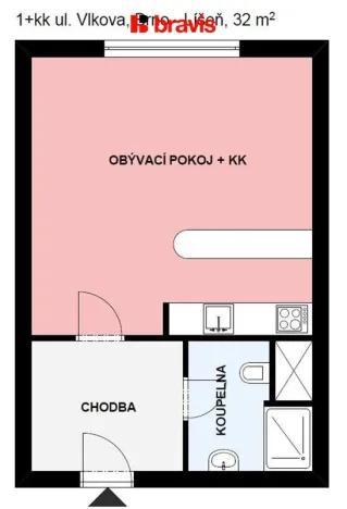 Pronájem bytu 1+kk, Brno, Vlkova, 32 m2