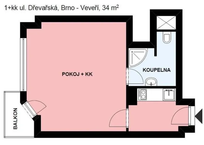 Pronájem bytu 1+kk, Brno - Veveří, Dřevařská, 34 m2