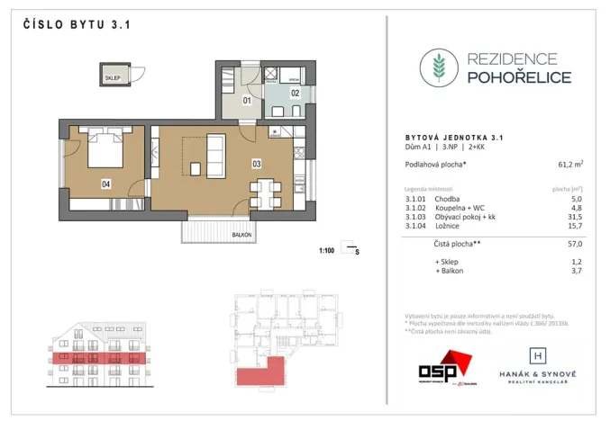 Pronájem bytu 2+kk, Pohořelice, 62 m2
