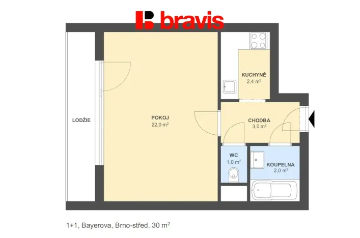 Pronájem bytu 1+1, Brno - Veveří, Bayerova, 30 m2
