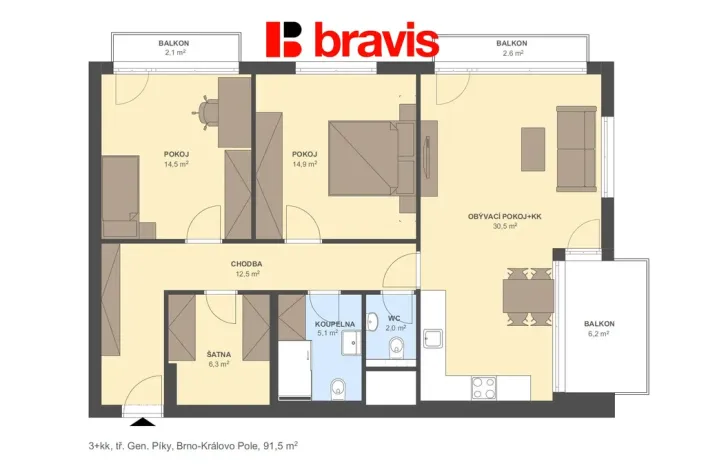 Pronájem bytu 3+kk, Brno - Černá Pole, třída Generála Píky, 86 m2