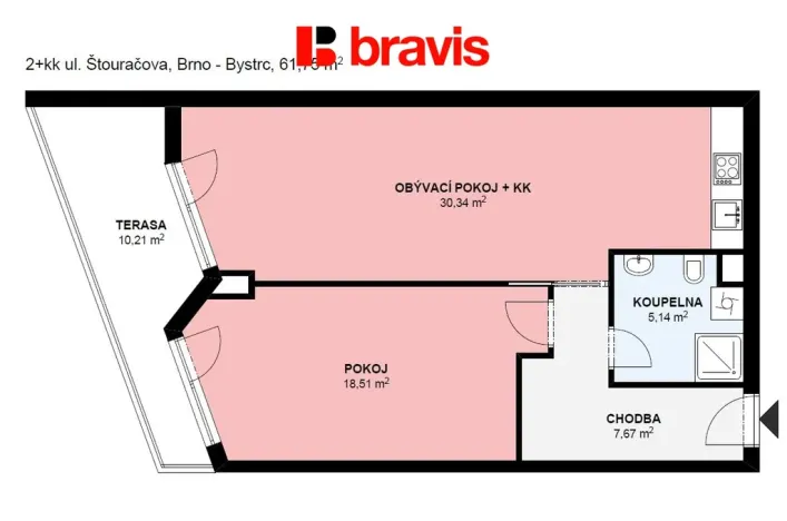 Pronájem bytu 2+kk, Brno - Bystrc, Adamcova, 62 m2