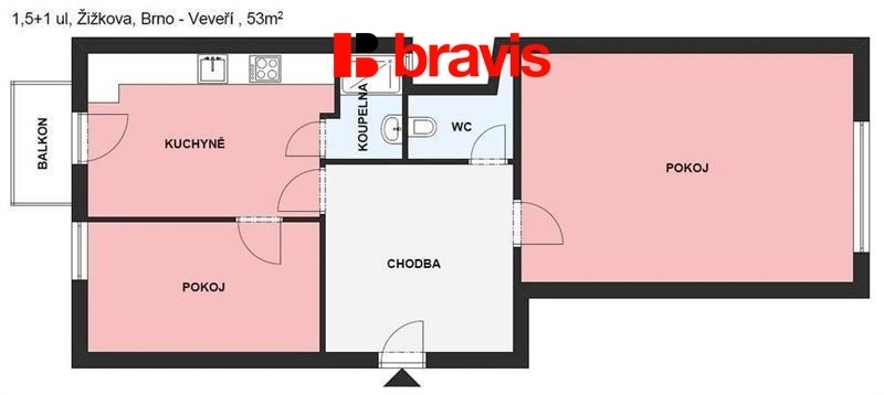 Pronájem bytu 1+1, Brno, Žižkova, 53 m2