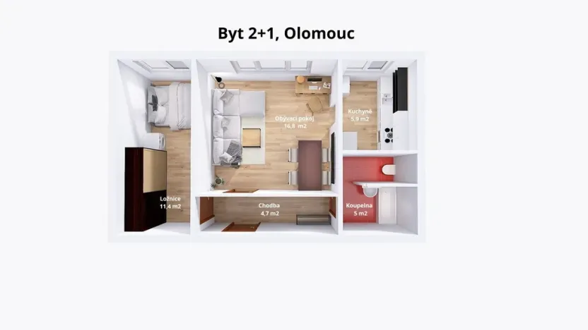 Pronájem bytu 2+1, Olomouc - Nové Sady, Fischerova, 43 m2