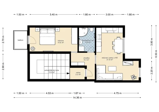 Pronájem bytu 2+kk, České Budějovice - České Budějovice 3, B. Smetany, 47 m2