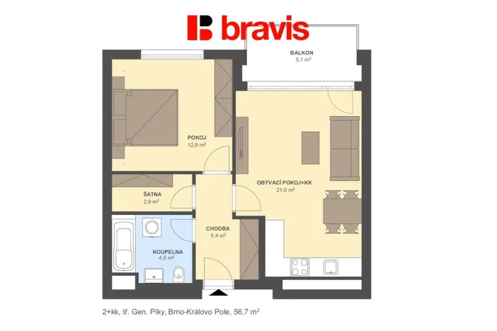 Pronájem bytu 2+kk, Brno - Černá Pole, třída Generála Píky, 52 m2
