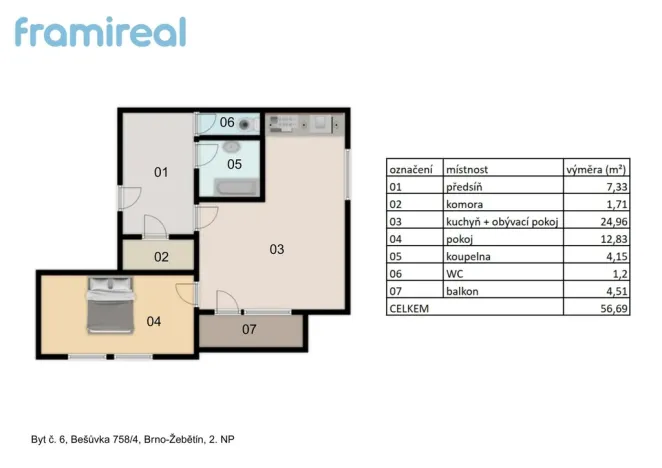 Prodej bytu 2+kk, Brno, Bešůvka, 56 m2