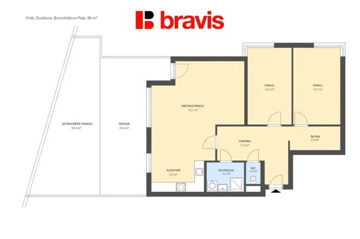 Pronájem bytu 3+kk, Brno - Lesná, Dusíkova, 86 m2