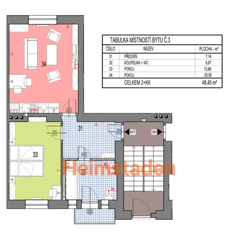 Pronájem bytu 2+kk, Ostrava - Kunčičky, Výhradní, 47 m2
