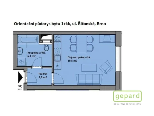 Pronájem bytu 1+kk, Brno - Žebětín, Říčanská, 30 m2
