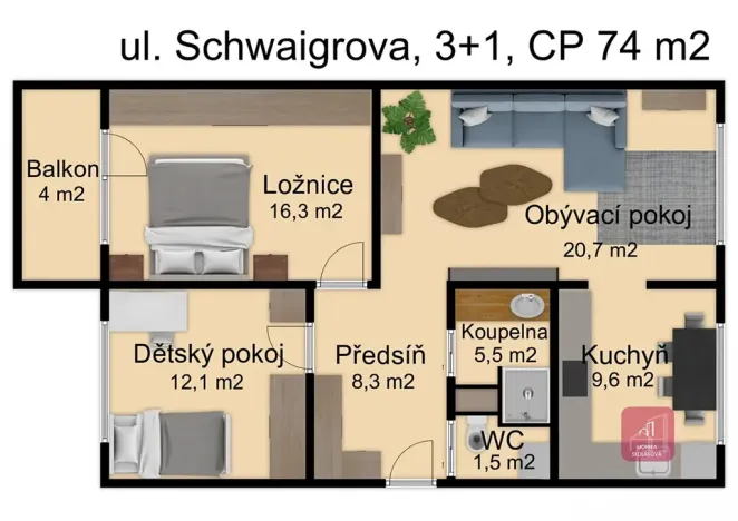 Prodej bytu 3+1, Brno, Schwaigrova, 79 m2