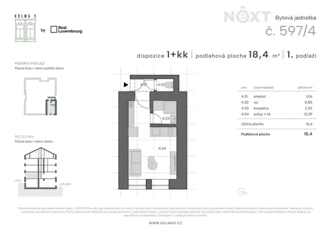 Prodej bytu 1+kk, Praha - Vysočany, Kolmá, 18 m2