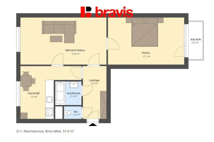 Prodej bytu 2+1, Brno - Pisárky, Neumannova, 52 m2