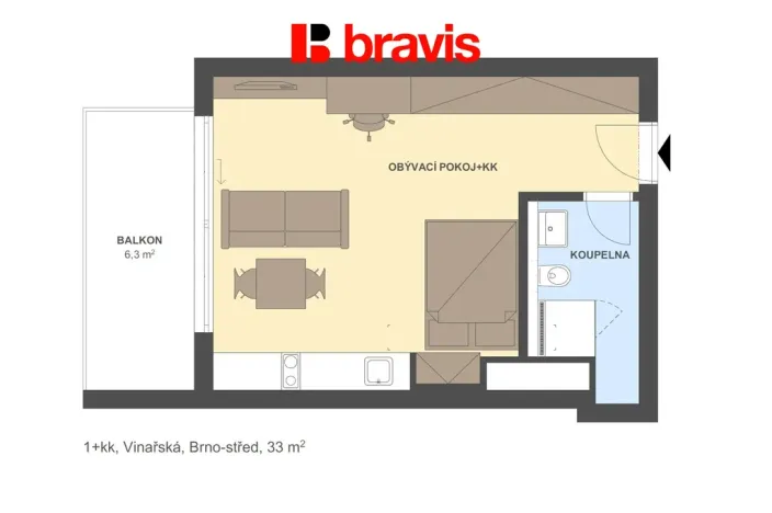 Pronájem bytu 1+kk, Brno - Pisárky, Vinařská, 33 m2