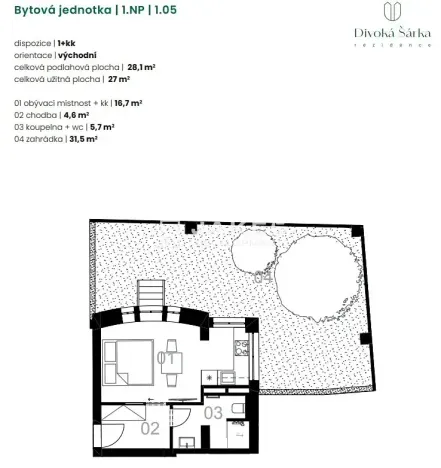 Pronájem bytu 1+kk, Praha - Liboc, Jenečská, 28 m2