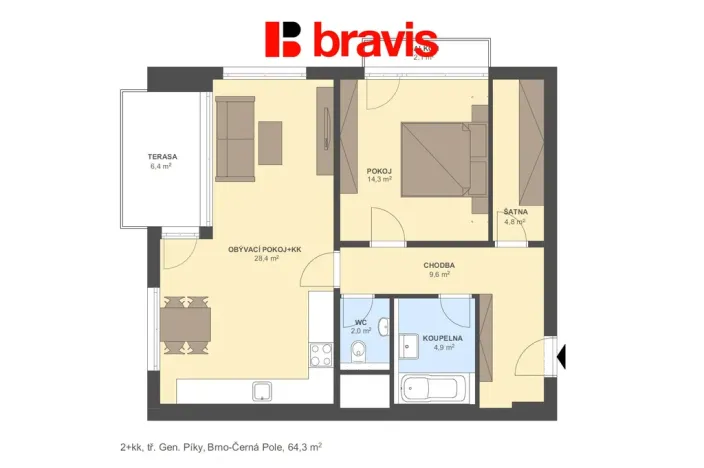 Pronájem bytu 2+kk, Brno - Černá Pole, třída Generála Píky, 64 m2