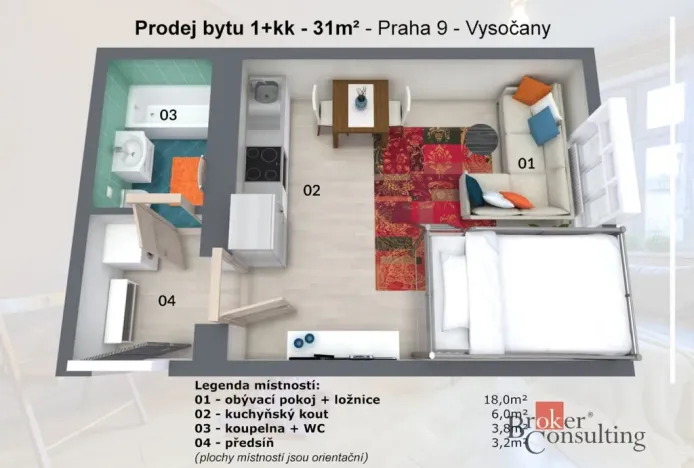 Pronájem bytu 1+kk, Praha - Vysočany, Novovysočanská, 31 m2