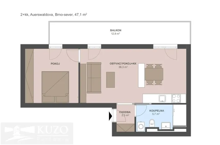 Pronájem bytu 2+kk, Brno, Auerswaldova, 47 m2