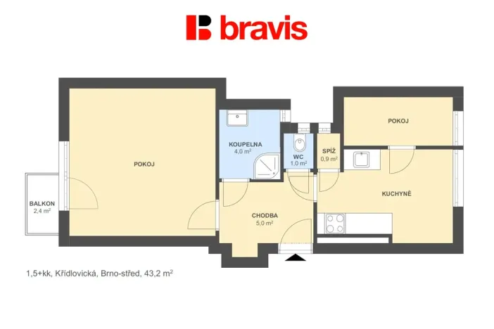 Pronájem bytu 1+1, Brno - Staré Brno, Křídlovická, 43 m2