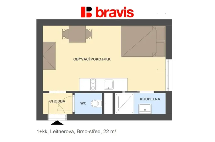 Pronájem bytu 1+kk, Brno, Leitnerova, 22 m2