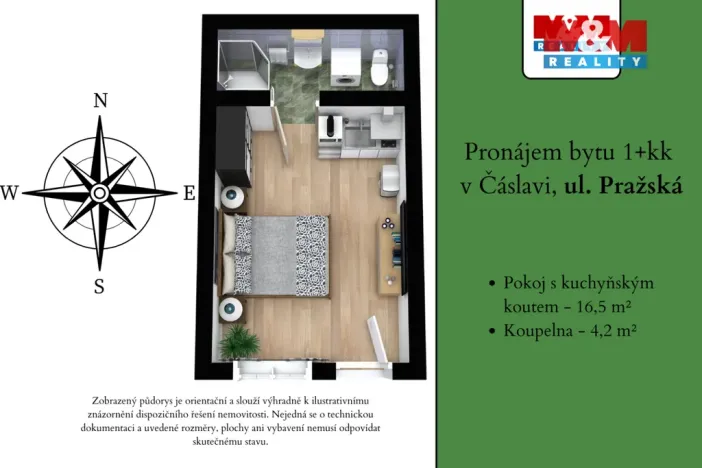 Pronájem bytu 1+kk, Čáslav - Čáslav-Nové Město, Pražská, 21 m2