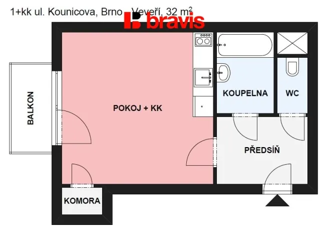 Pronájem bytu 1+kk, Brno, Kounicova, 32 m2