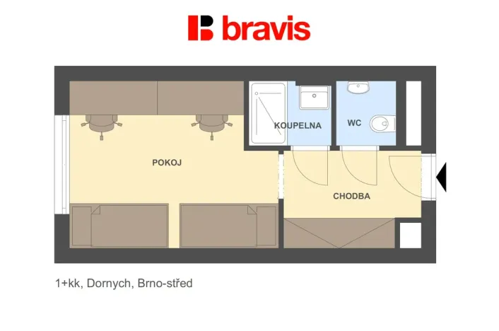Pronájem bytu 1+kk, Brno, Dornych, 24 m2