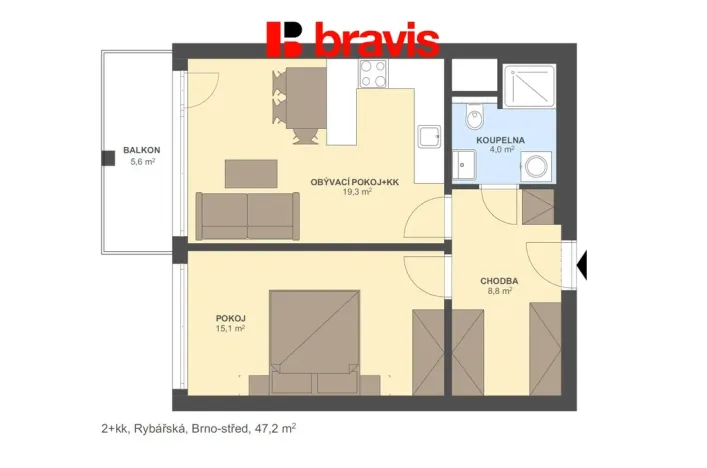 Pronájem bytu 2+kk, Brno - Staré Brno, Rybářská, 47 m2