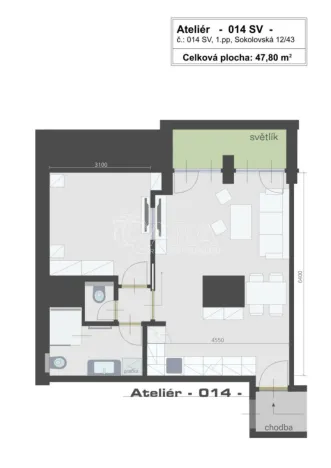 Pronájem bytu 2+kk, Praha - Karlín, Sokolovská, 48 m2