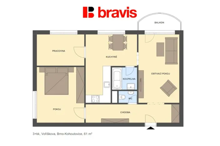Pronájem bytu 3+kk, Brno - Kohoutovice, Voříškova, 61 m2