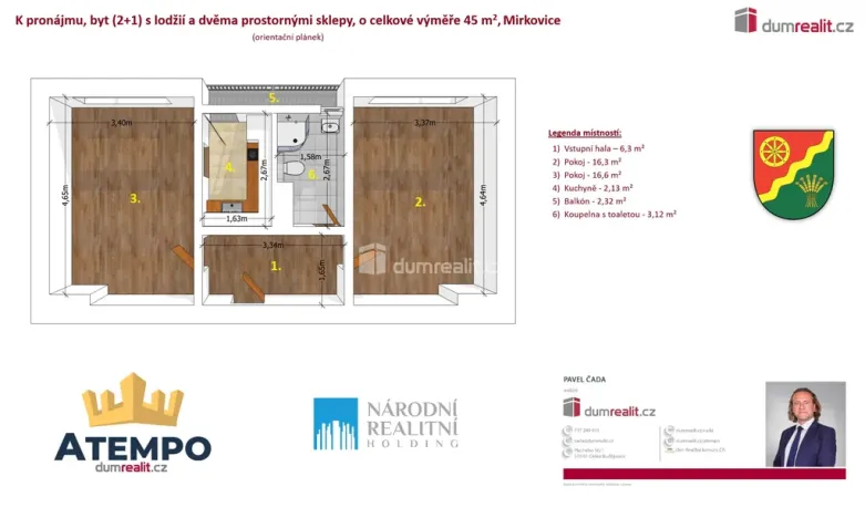 Pronájem bytu 2+1, Mirkovice, 45 m2