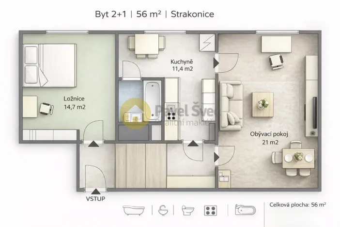 Prodej bytu 2+1, Strakonice - Strakonice I, Sídliště 1. máje, 56 m2