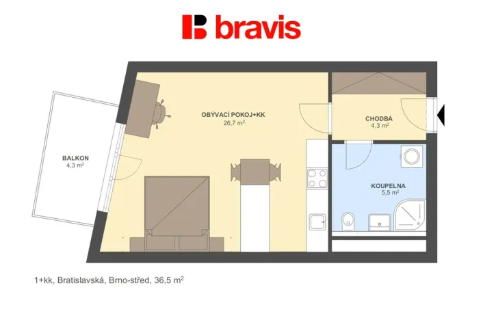 Pronájem bytu 1+kk, Brno - Zábrdovice, Bratislavská, 36 m2