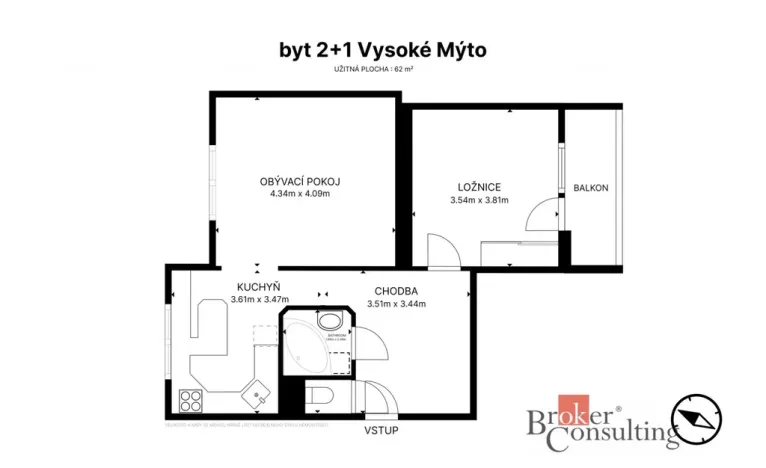 Prodej bytu 2+1, Vysoké Mýto, Ležáků, 56 m2