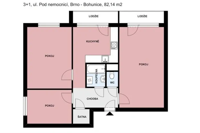 Pronájem bytu 3+1, Brno, Pod nemocnicí, 74 m2