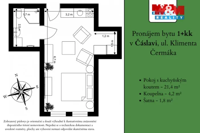 Pronájem bytu 1+kk, Čáslav - Čáslav-Staré Město, Klimenta Čermáka, 27 m2