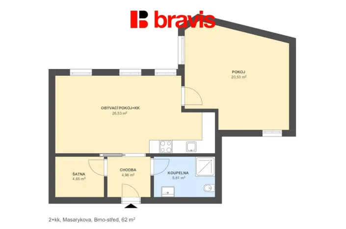 Pronájem bytu 2+kk, Brno, Masarykova, 62 m2