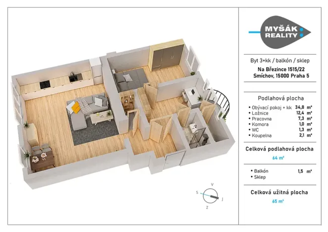 Prodej bytu 3+kk, Praha - Smíchov, Na Březince, 65 m2