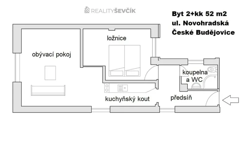 Pronájem bytu 2+kk, České Budějovice - České Budějovice 6, Novohradská, 52 m2