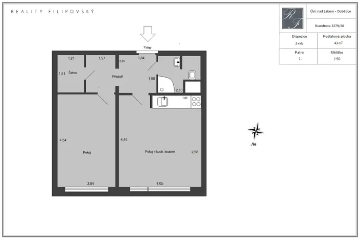Pronájem bytu 2+kk, Ústí nad Labem, Brandtova, 43 m2