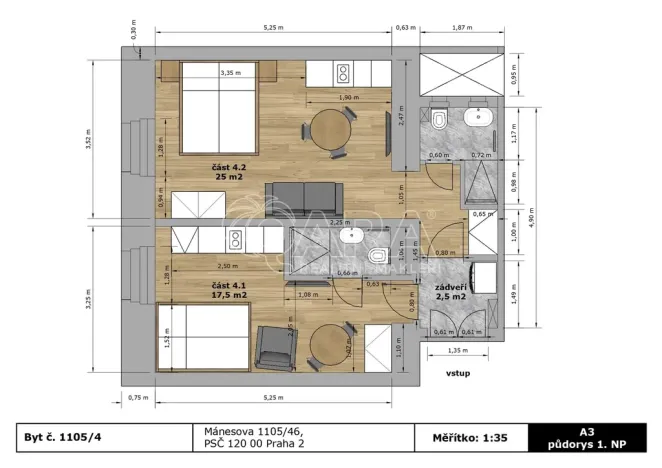 Prodej bytu 2+kk, Praha - Vinohrady, Mánesova, 45 m2