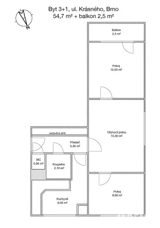 Prodej bytu 3+1, Brno, Krásného, 55 m2