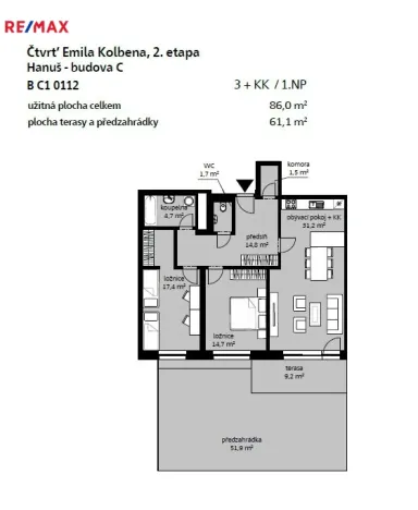 Pronájem bytu 3+kk, Praha - Vysočany, Pechmanových, 86 m2