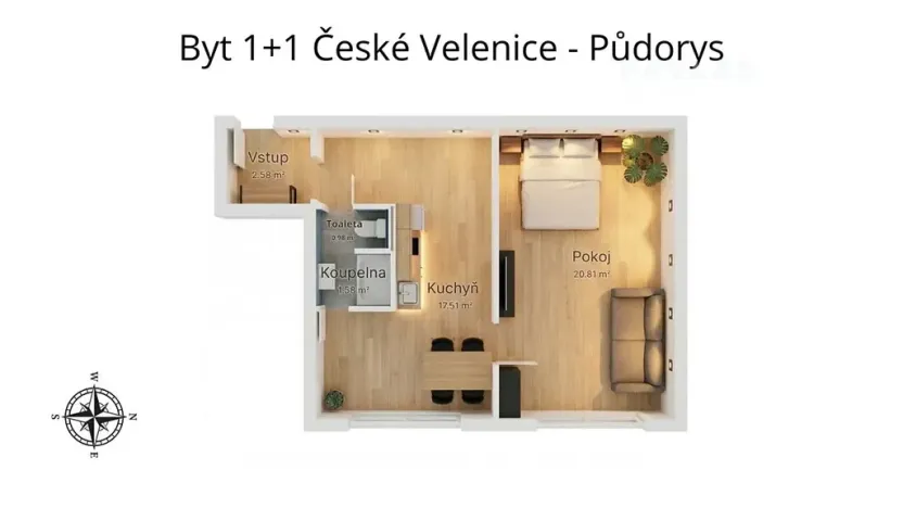 Pronájem bytu 1+1, České Velenice, Sídliště na Sadech, 44 m2