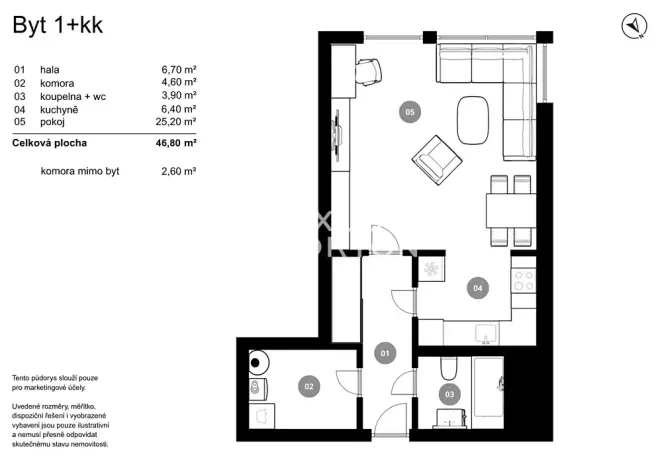 Prodej bytu 1+kk, Praha - Libeň, Nad Okrouhlíkem, 47 m2