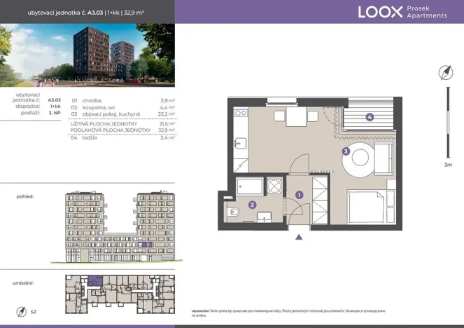 Pronájem bytu 1+kk, Praha - Prosek, Litoměřická, 32 m2