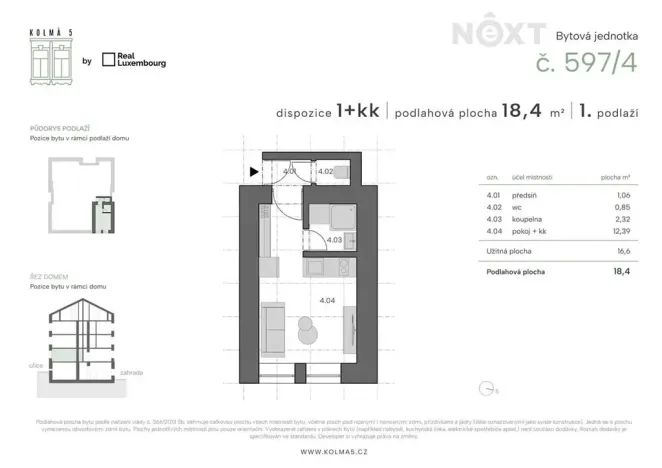 Prodej bytu 1+kk, Praha - Vysočany, Kolmá, 18 m2