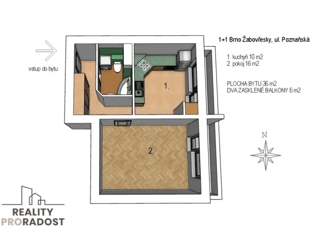 Pronájem bytu 1+1, Brno, Poznaňská, 40 m2