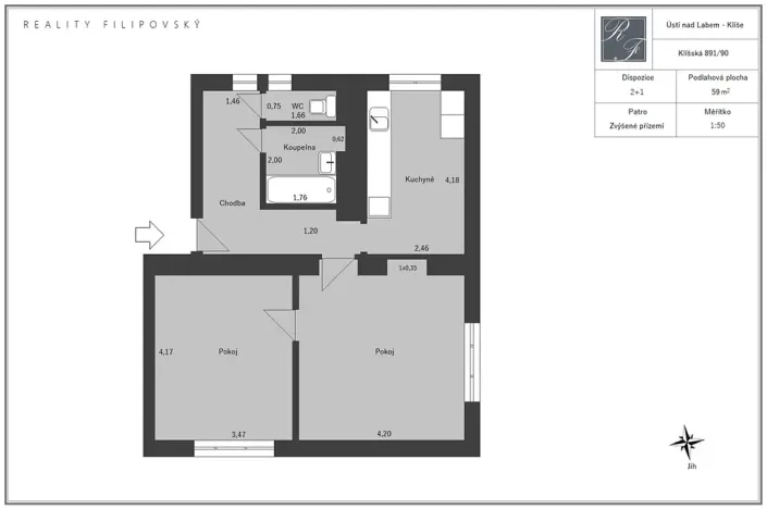 Pronájem bytu 2+1, Ústí nad Labem, Klíšská, 59 m2
